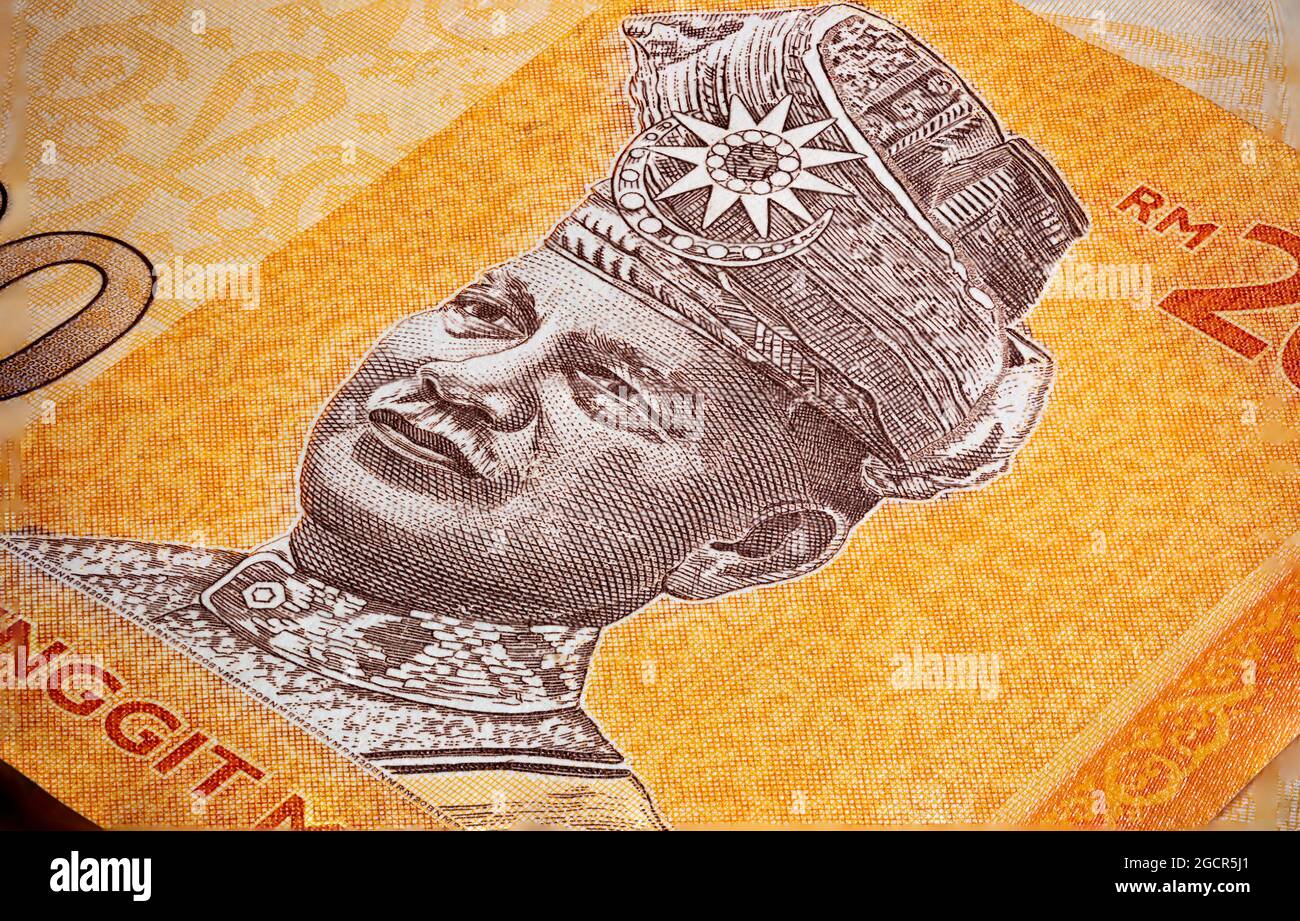 Macro gros plan de 20 Ringgit malaisien. Gros plan extrême de RM20 Malaisie. Portrait du premier Roi ou Agong de Malaisie. Clôture de la devise papier Banque D'Images