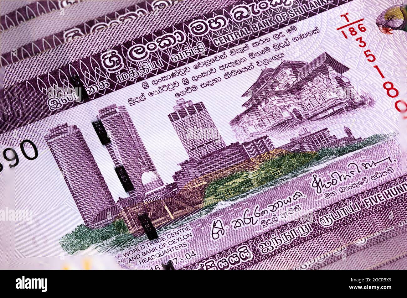 Macro-photographie de 500 roupies sri lankaises ou Rupie. Monnaie papier de la république Sri Lanka. L'argent du pays de l'île. Gros plan sur le Sri coloré Banque D'Images