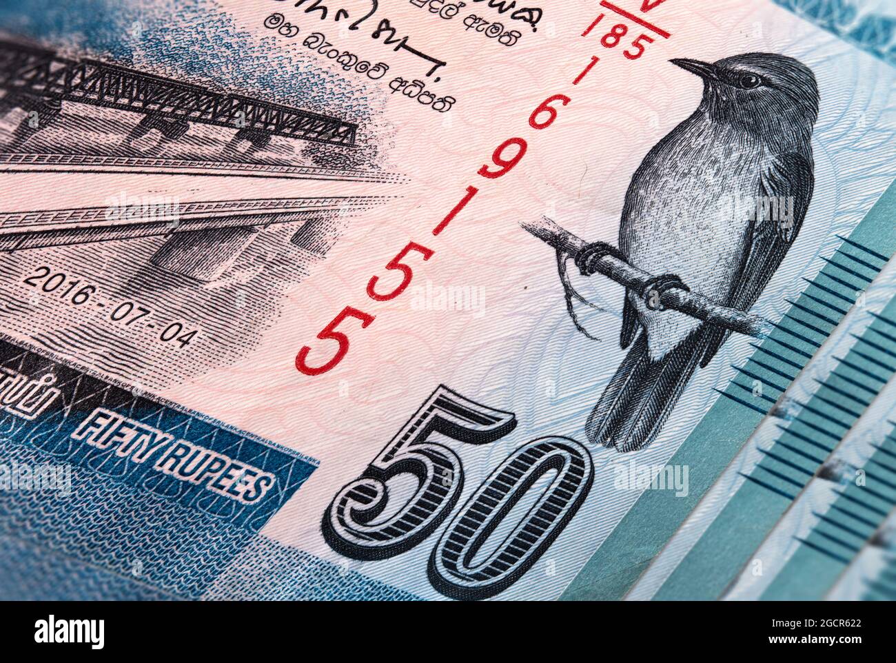 Macro photographie du sri lanka 50 roupies d'argent. Sri Lanka 50 roupies. Proche de la monnaie papier du Sri Lanka. Nouveau et ancien pont de Manampitiya sur le Banque D'Images