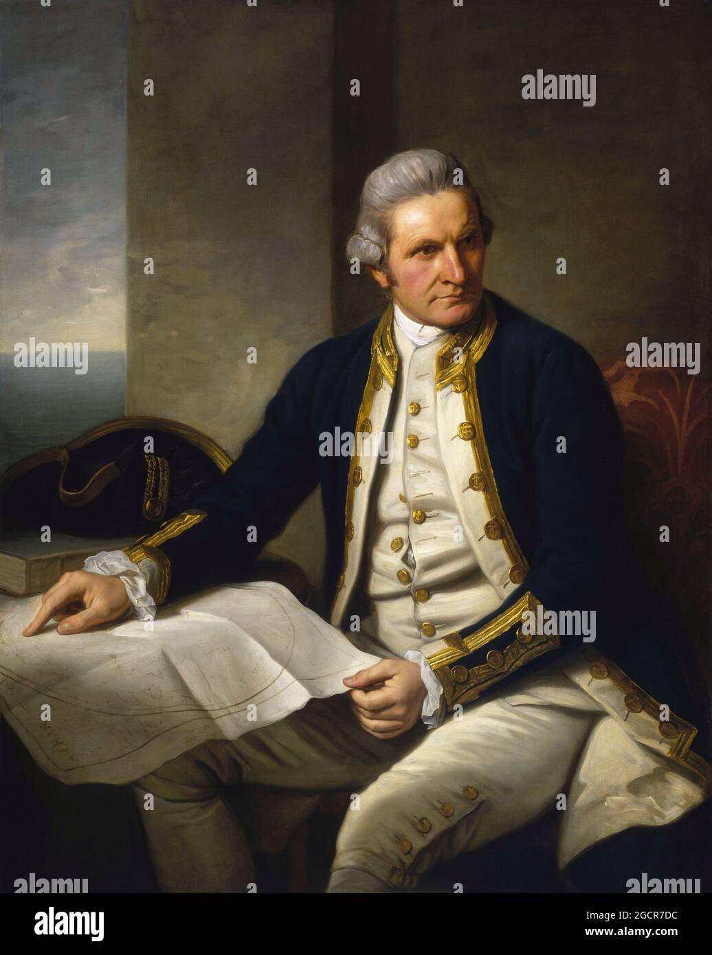 Capitaine James Cook (1728-1779). Peinture à l'huile sur toile par Nathaniel Dance-Holland (1735-1811), c. 1775. James Cook FRS RN (7 novembre 1728 – 14 février 1779) est un explorateur, navigateur et cartographe britannique, qui a finalement atteint le rang de capitaine dans la Marine royale. Cook a été le premier à cartographier Terre-Neuve avant de faire trois voyages dans l'océan Pacifique, au cours desquels il a atteint le premier contact européen avec la côte est de l'Australie et les îles hawaïennes ainsi que le premier tour de la Nouvelle-Zélande enregistré. Cook est mort à Hawaï dans un combat avec les Hawaiian. Banque D'Images