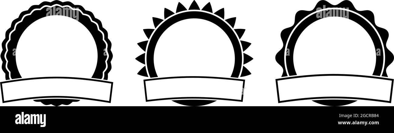 Ensemble de badges vectoriels de récompense ou de vente avec ruban sur fond blanc isolé. Noir et blanc. Couleur modifiable. Noir plat de conception correcte. Illustration de Vecteur