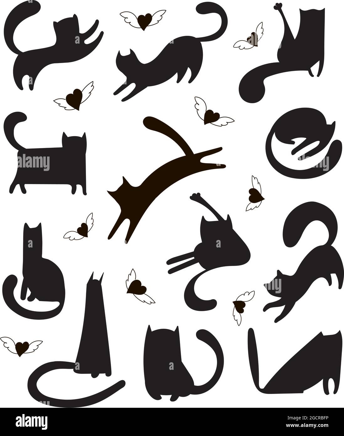 Jeu de vecteurs tendance de formes de chats dessinées à la main pour l'impression, le textile, les tee-shirts, cartes, autocollants, affiches. Illustration de chatons noirs et blancs qui dorment, jouent, courent et coeurs avec des ailes. Illustration de Vecteur