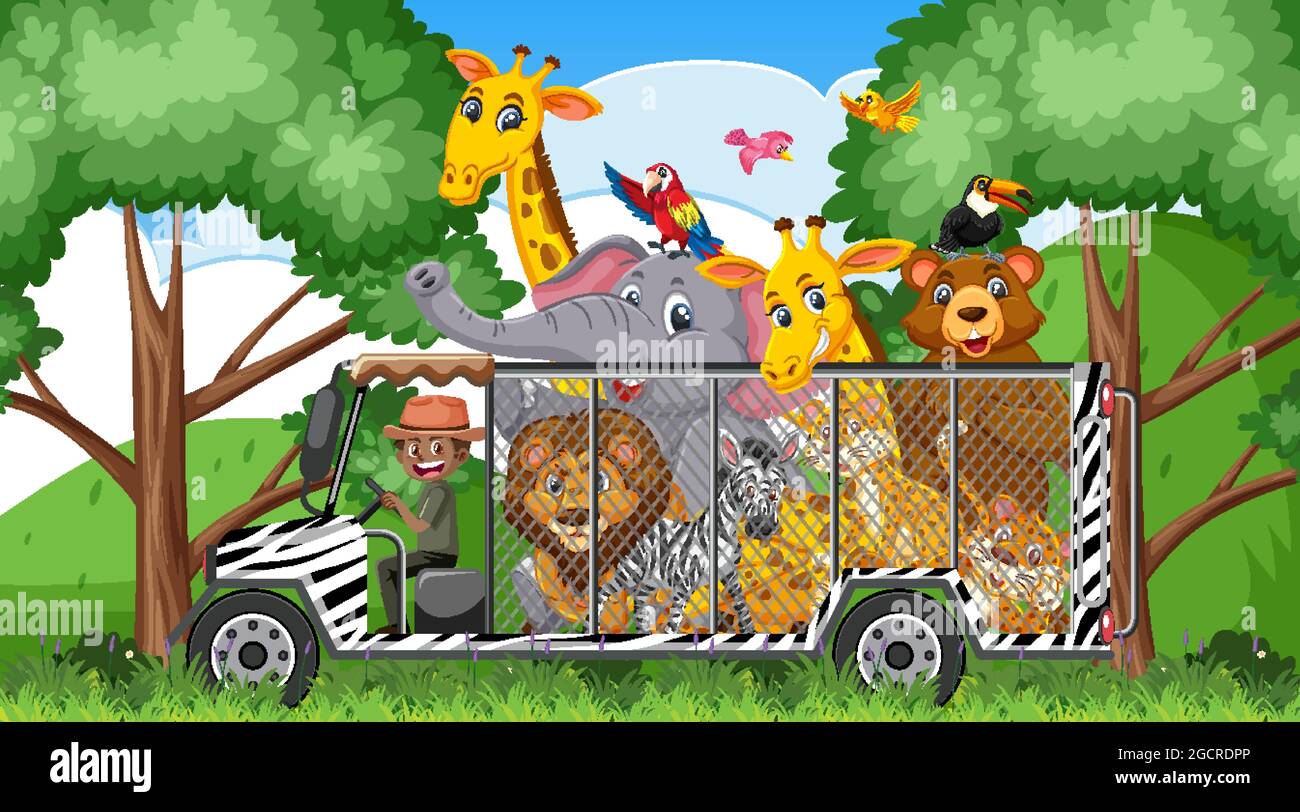 Scène du zoo avec des animaux heureux dans l'illustration de voiture de cage Illustration de Vecteur