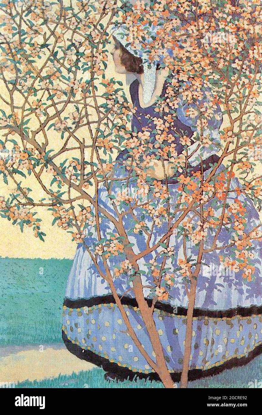 Géza Faragó œuvre intitulée parmi les fleurs - 1911 - la femme costumée regarde au loin derrière l'arbre de fleurs. Banque D'Images