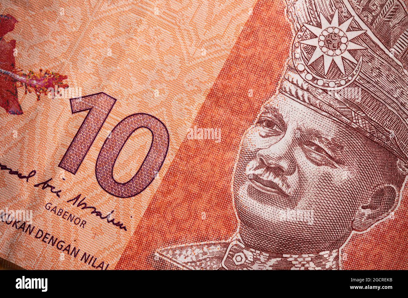Macro gros plan de 10 Ringgit malaisien. Très gros plan sur RM10 Malaisie. Portrait du premier Roi ou Agong de Malaisie. Clôture de la devise papier Banque D'Images