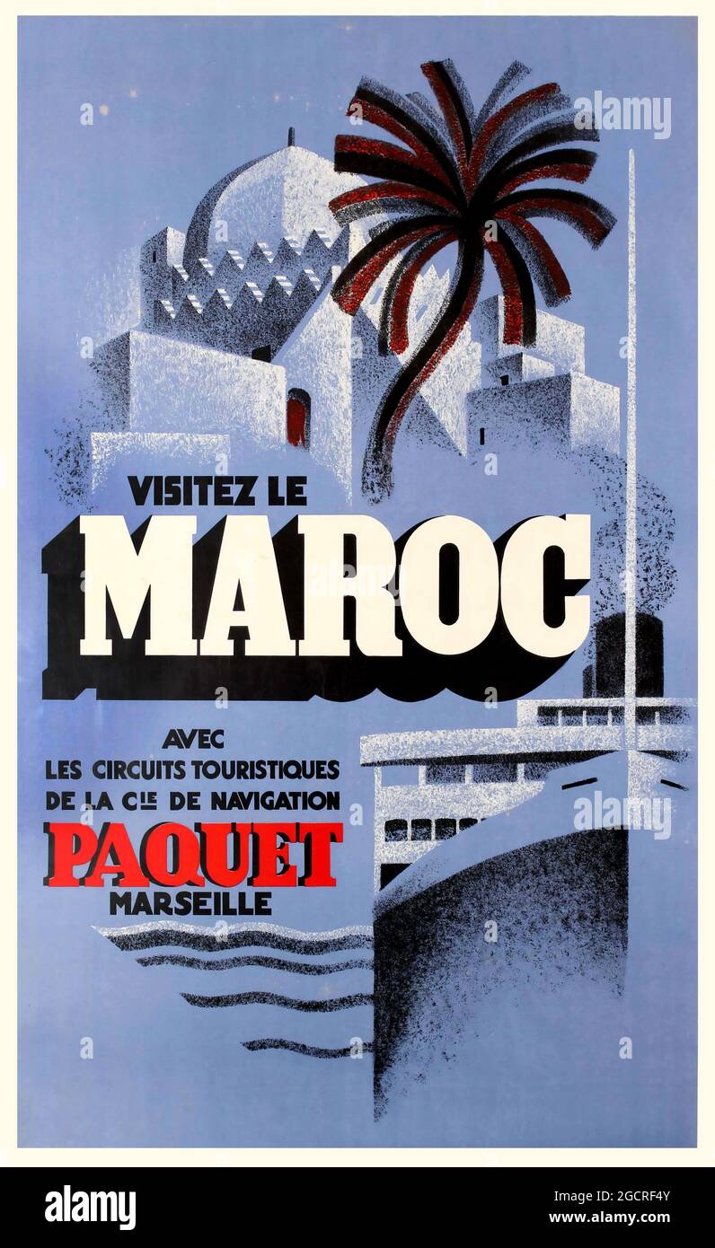 MAROC – affiche de voyage vintage Marocco, Afrique, publicité rétro pour voyager en Afrique. Visitez le Maroc. 1933. Visite du Maroc. Banque D'Images