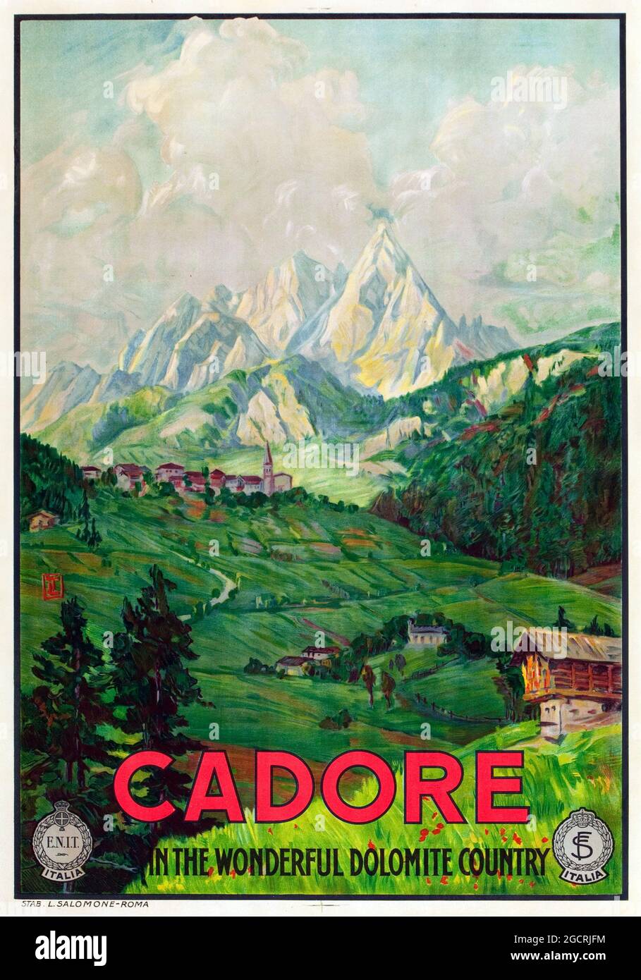 Affiche de voyage vintage Italie. Publicité rétro. Cadore, Dolomite, Italie Travel Poster (ENIT, fin des années 1920 / début des années 1930). Banque D'Images