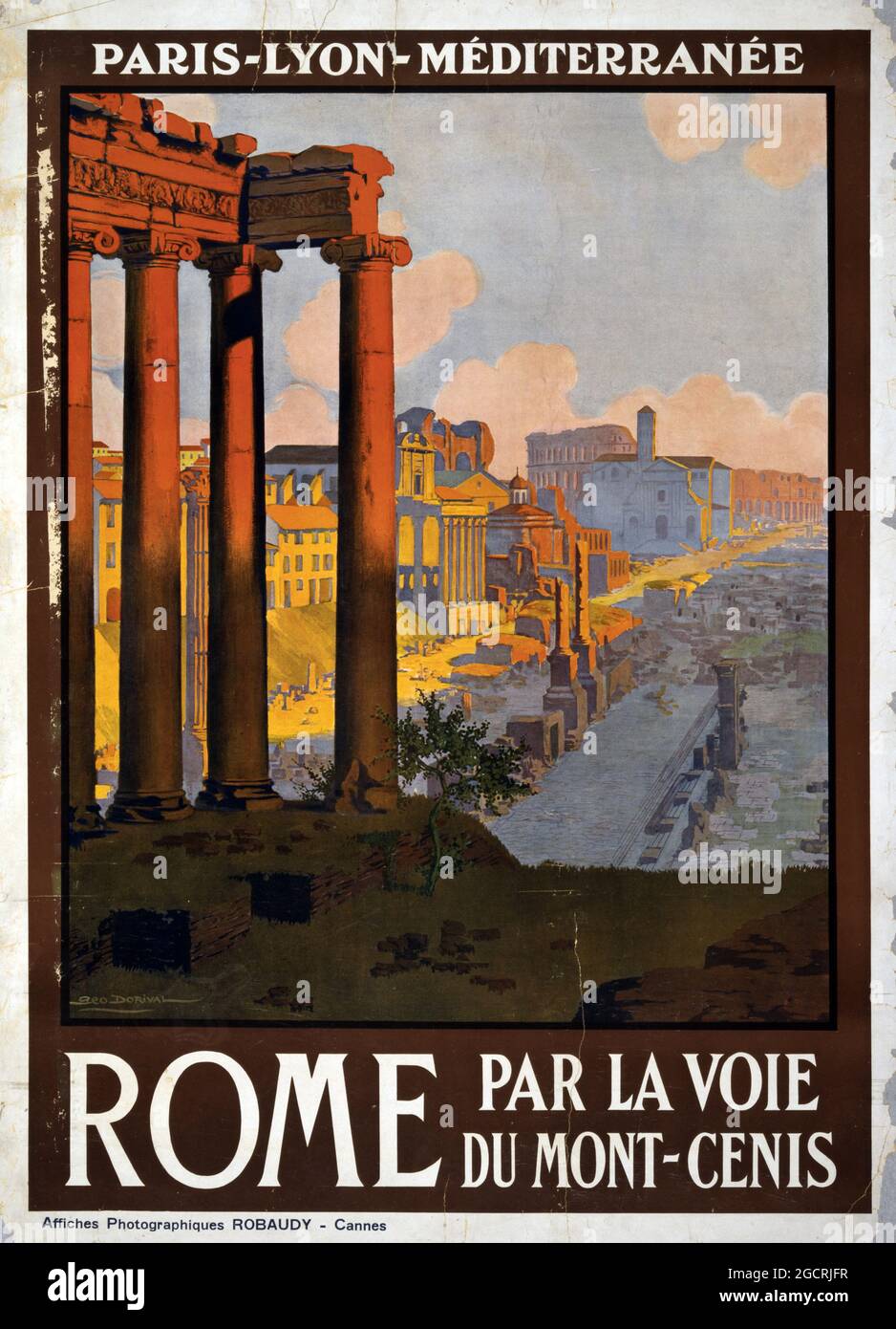 Rome par la voie du Mont-Cenis – affiche de voyage d'époque Italie. Publicité rétro. Œuvres d'art de Geo Dorival des années 1920. Banque D'Images