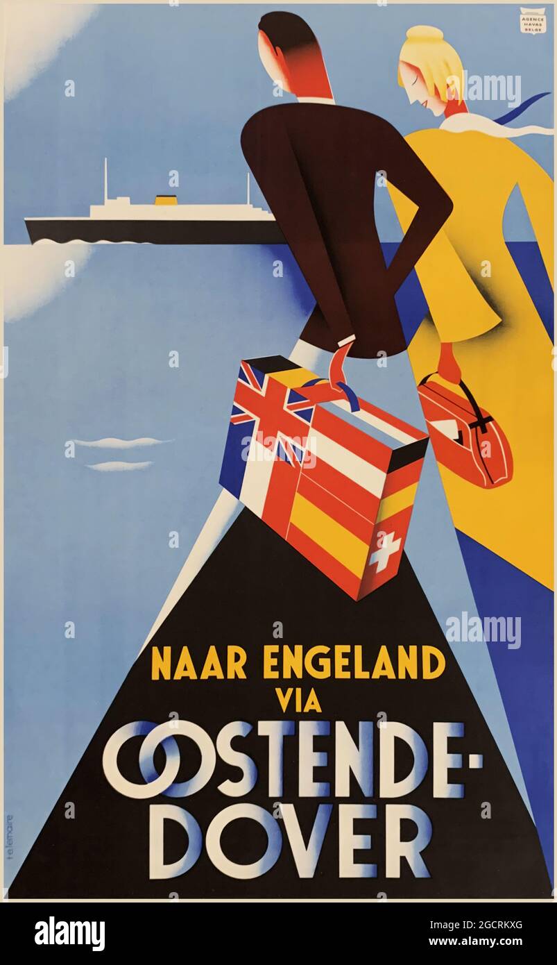 Naar Engeland via Oostende-Dover, affiche – style art déco. années 1950. Œuvres de T.E. Lemaire. Banque D'Images