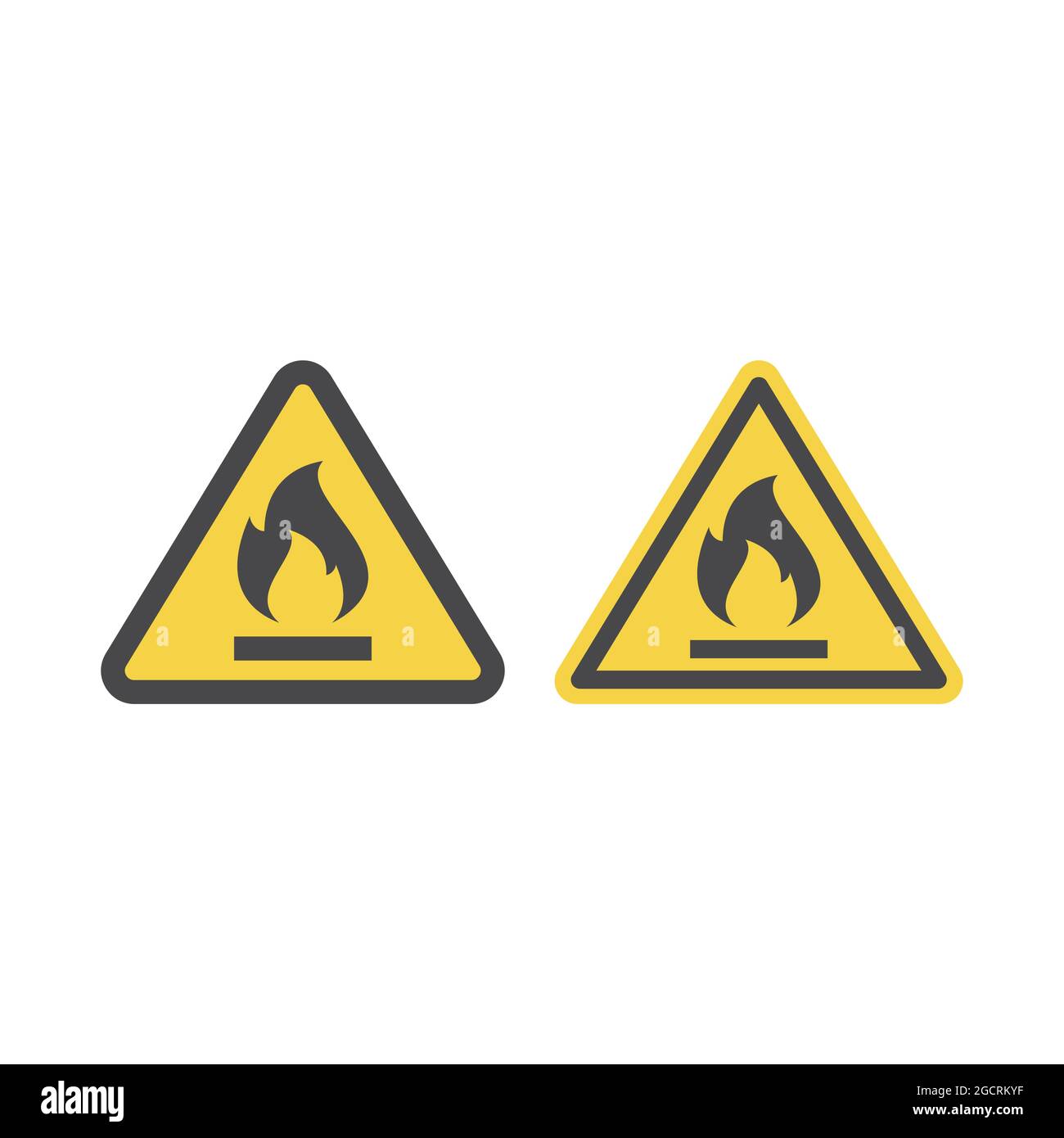 Signe vecteur de gaz ou de liquide hautement inflammable. Panneau d'avertissement d'incendie avec une flamme jaune et un triangle. Illustration de Vecteur