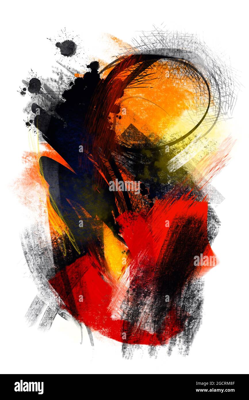 Peinture numérique abstraite sur texture papier avec traits de pinceau dessinés à la main dans le style Kandinsky ou Hartung, art moderne, contemporain pour la décoration, postc Banque D'Images Peinture numérique abstraite sur texture papier avec traits de pinceau dessinés à la main dans le style Kandinsky ou Hartung, art moderne, contemporain pour la décoration, postc Banque D'Images