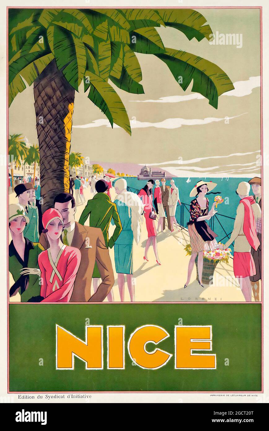 Affiche de voyage française vintage par Alberto Fabio (Fabius) Lorenzi (1880-1969) – NICE, c. 1926. Imprimé par l'Éclaieur de Nice. Banque D'Images