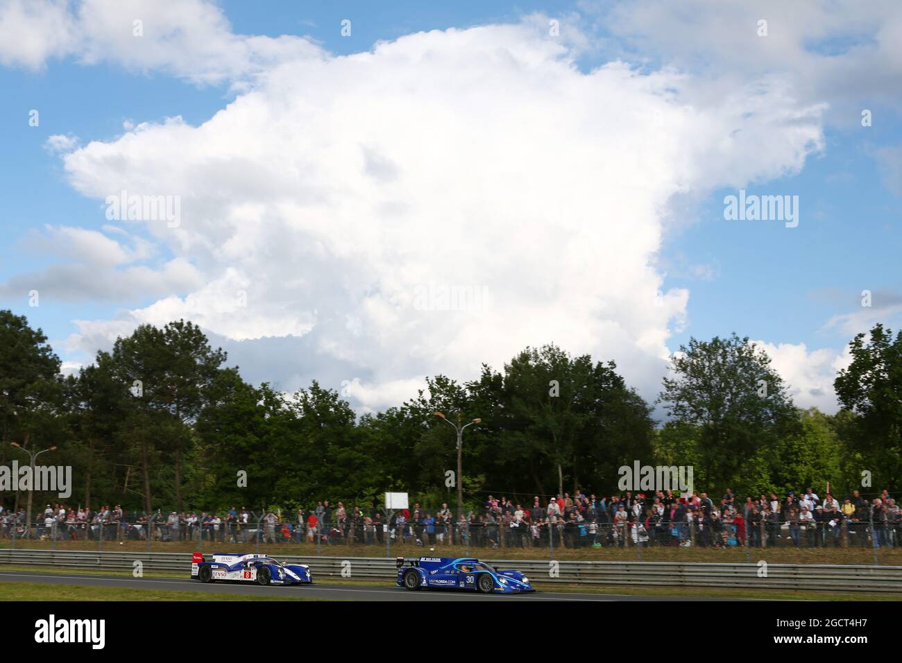 Johnny Mowom (GBR) / Jonathan Hirschi (SUI) / Tony Burgess (CDN) HVM Statut GP Lola B12/80 coupé - Judd dirige Anthony Davidson (GBR) / Sébastien Buemi (SUI) / Stephane Sarrazin (FRA) Toyota Racing, Toyota TS030, hybride. Le Mans 24 heures, qualification, jeudi 20 juin 2013. Le Mans, France. Banque D'Images