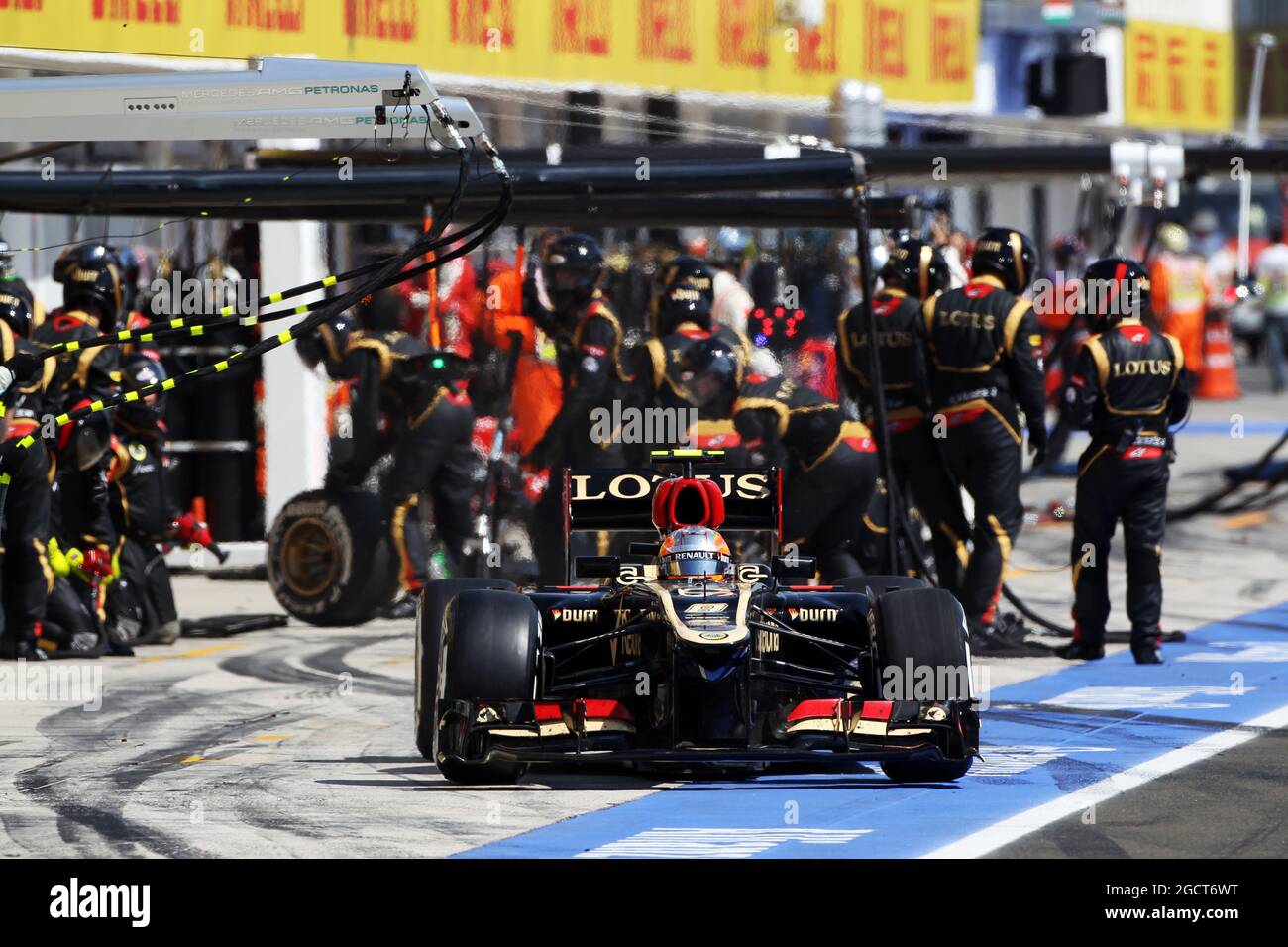 Romain Grosjean (FRA) Lotus F1 E21 fait un arrêt de fosse. Grand Prix de Hongrie, dimanche 28 juillet 2013. Budapest, Hongrie. Banque D'Images