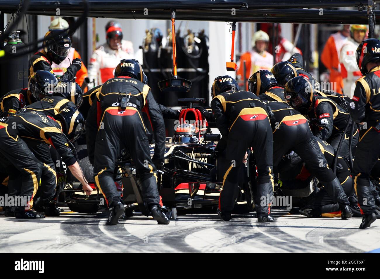 Kimi Raikkonen (fin) Lotus F1 E21 fait un arrêt de fosse. Grand Prix de Hongrie, dimanche 28 juillet 2013. Budapest, Hongrie. Banque D'Images