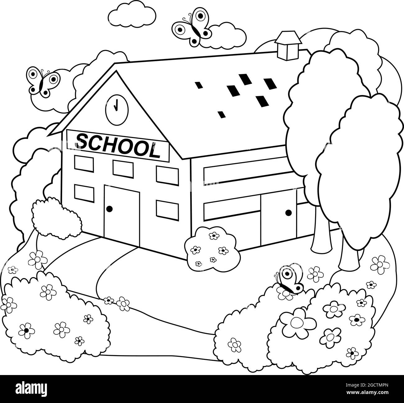 Bâtiment de l'école. Page de couleur noire et blanche vectorielle Illustration de Vecteur