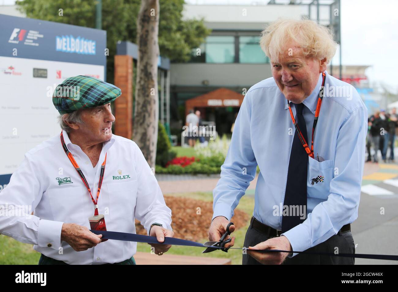 (De gauche à droite): Jackie Stewart (GBR) avec Ron Walker (AUS) Président de l'Australian GP Corporation. Grand Prix d'Australie, jeudi 12 mars 2015. Albert Park, Melbourne, Australie. Banque D'Images