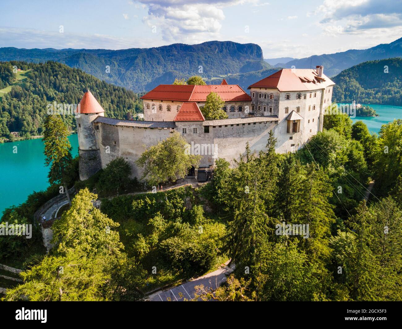 Château de Bled Château médiéval construit au-dessus de la ville de Bled en Slovénie, surplombant le lac de Bled. Banque D'Images