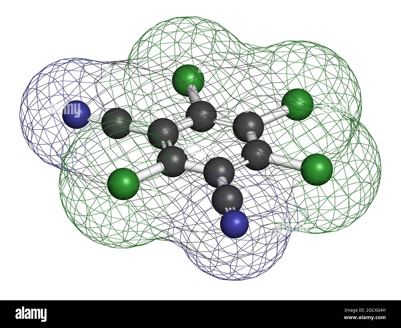 Molécule de pesticide chlorthalonil. Rendu 3D. Banque D'Images