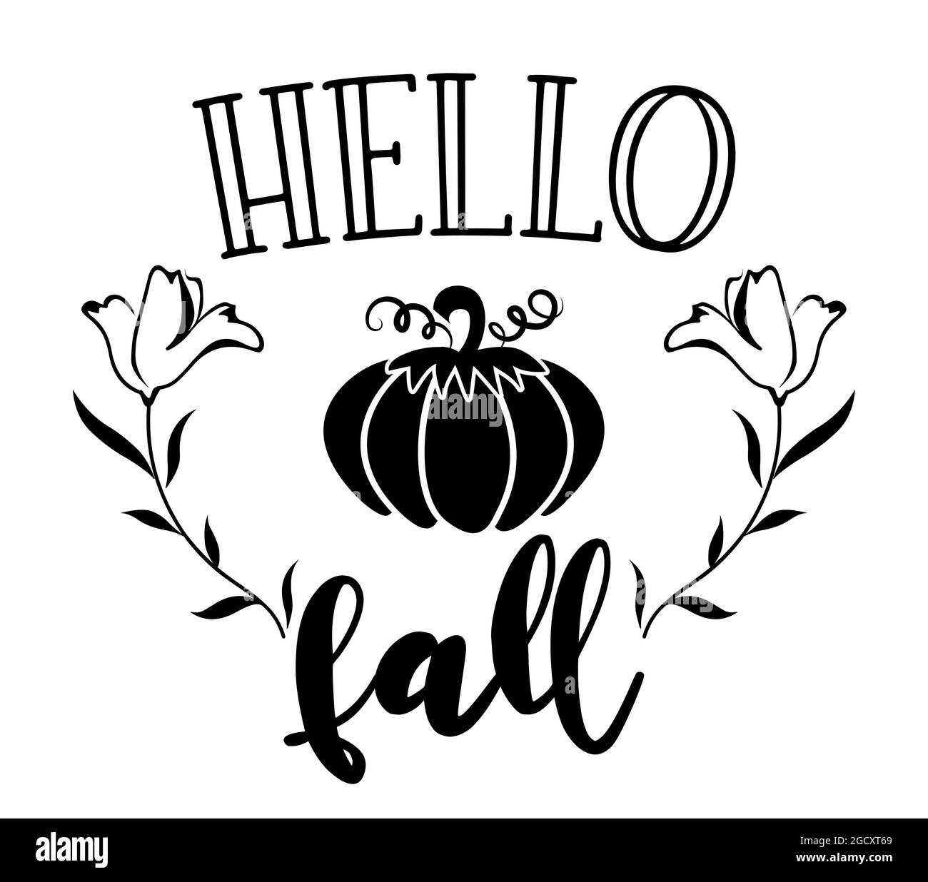 Bonjour automne, Bonjour automne - illustration vectorielle dessinée à la main. Accueil couleur d'automne avec citrouille. Bon pour la réservation de rebut, les affiches, les cartes de vœux, la bannière Illustration de Vecteur