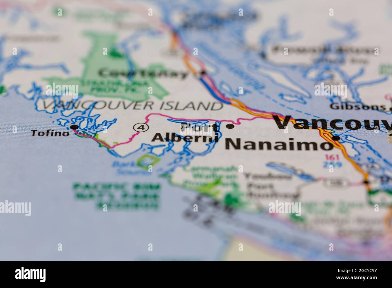 Port Alberni Île de Vancouver Canada indiqué sur une carte routière ou une carte de la géographie Banque D'Images