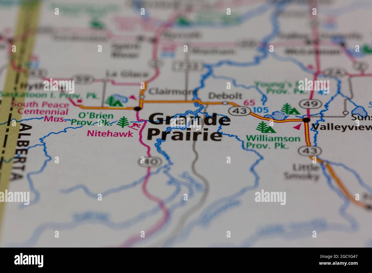 Grande Prairie Alberta Canada sur une carte routière ou une carte de la