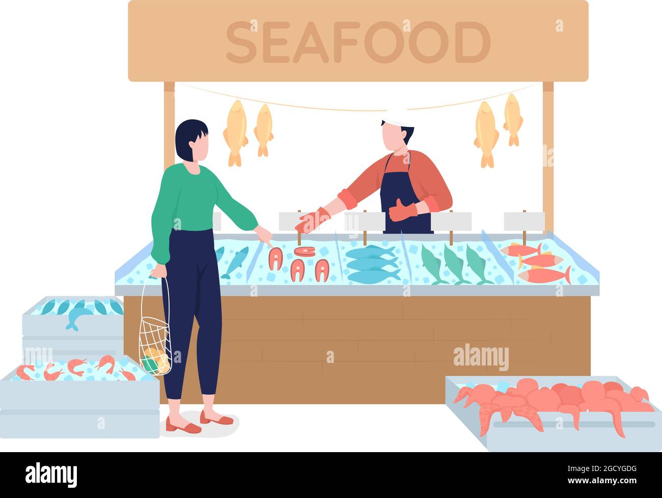 Fishmonger suggère des caractères vectoriels de couleur semi-plats de fruits de mer frais Illustration de Vecteur