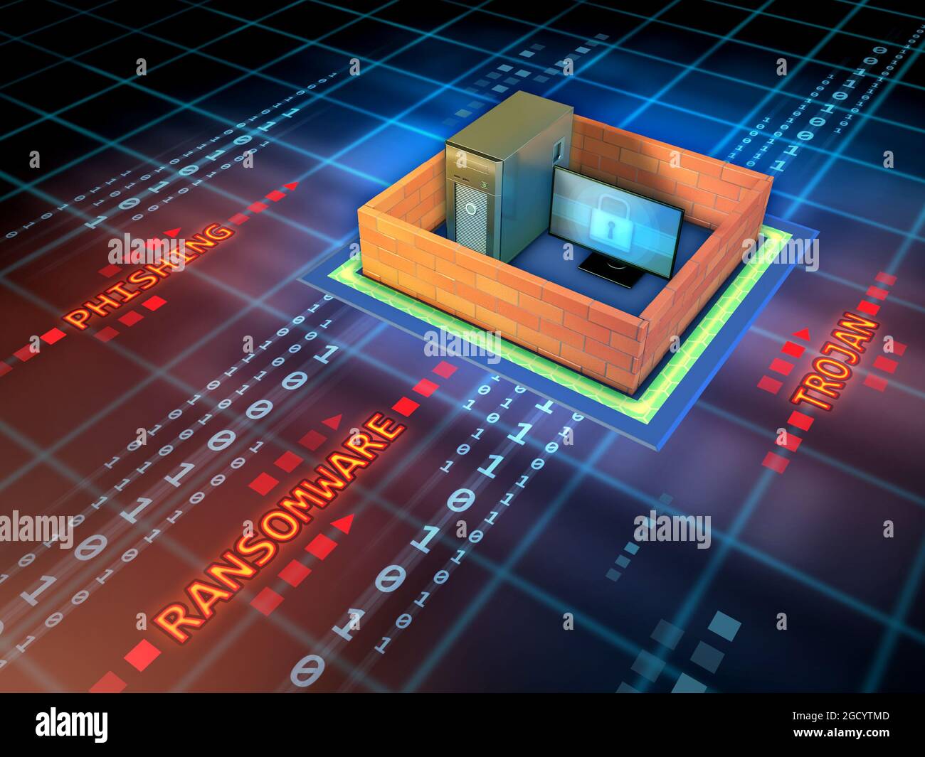 Poste de travail protégé par un mur contre les attaques de piratage. Illustration numérique. Banque D'Images