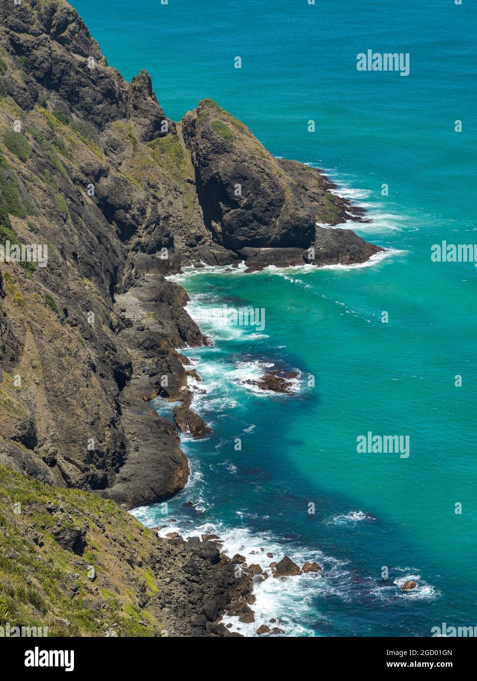 Vue panoramique sur la côte, le cap Reinga, la péninsule d'Aupouri, le district du Grand Nord, l'île du Nord, Nouvelle-Zélande Banque D'Images