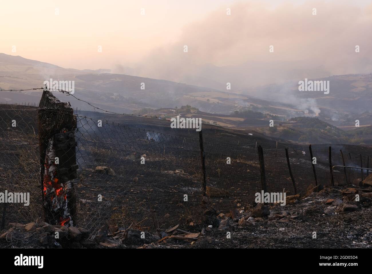 Vaste arson près de la ville de Gangi dans la province de Palerme en Sicile. De nombreuses cultures de champs agricoles et de bois brûlé, de voitures d'agriculteurs et même d'animaux de reproduction brûlés par les flammes. Banque D'Images