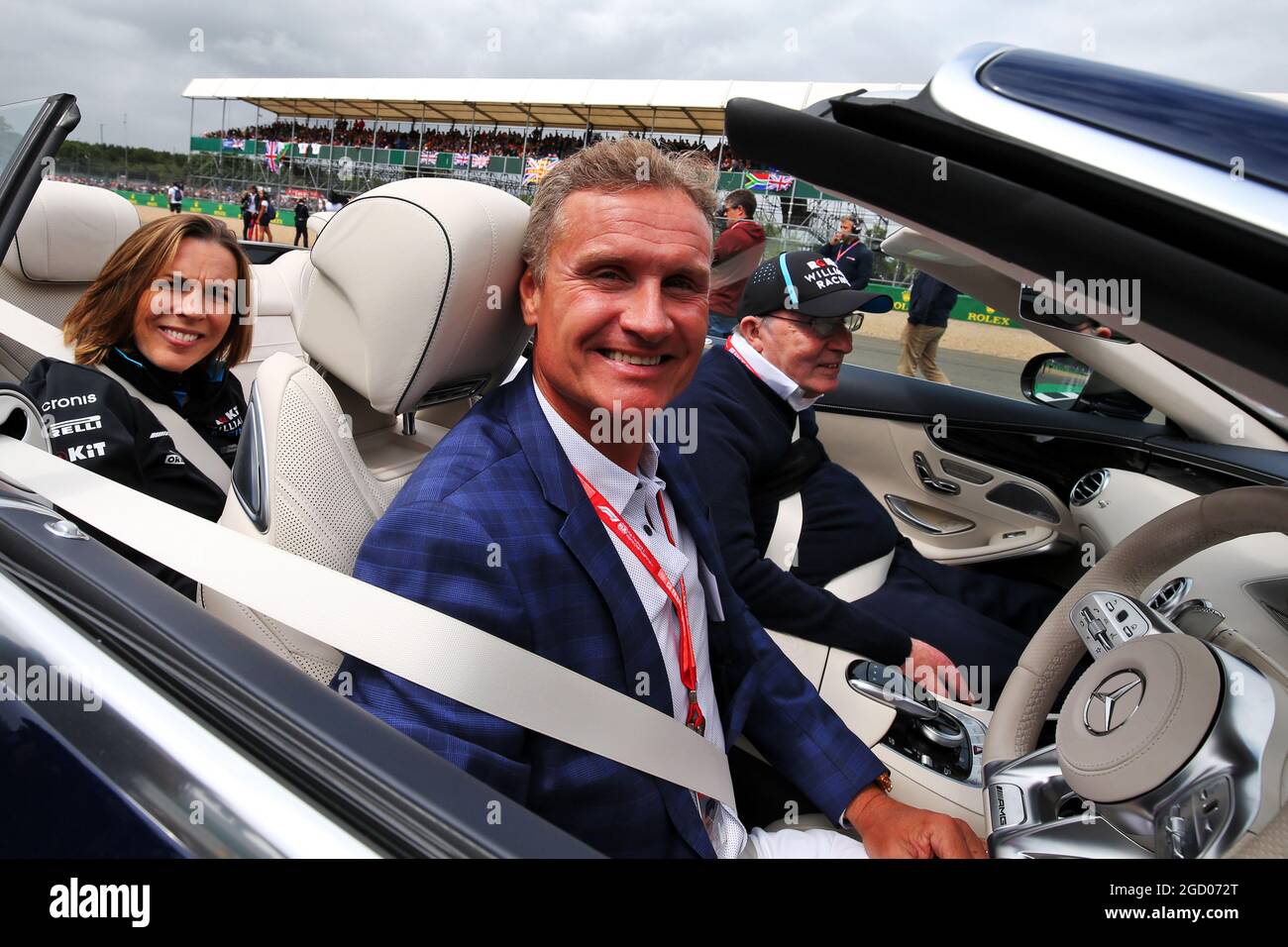 David Coulthard (GBR) Red Bull Racing and Scuderia Toro Conseiller / Channel 4 commentateur de F1 avec Frank Williams (GBR) propriétaire de l'équipe Williams et Claire Williams (GBR) Directeur adjoint de l'équipe Williams Racing sur le défilé des pilotes. Grand Prix de Grande-Bretagne, dimanche 14 juillet 2019. Silverstone, Angleterre. Banque D'Images