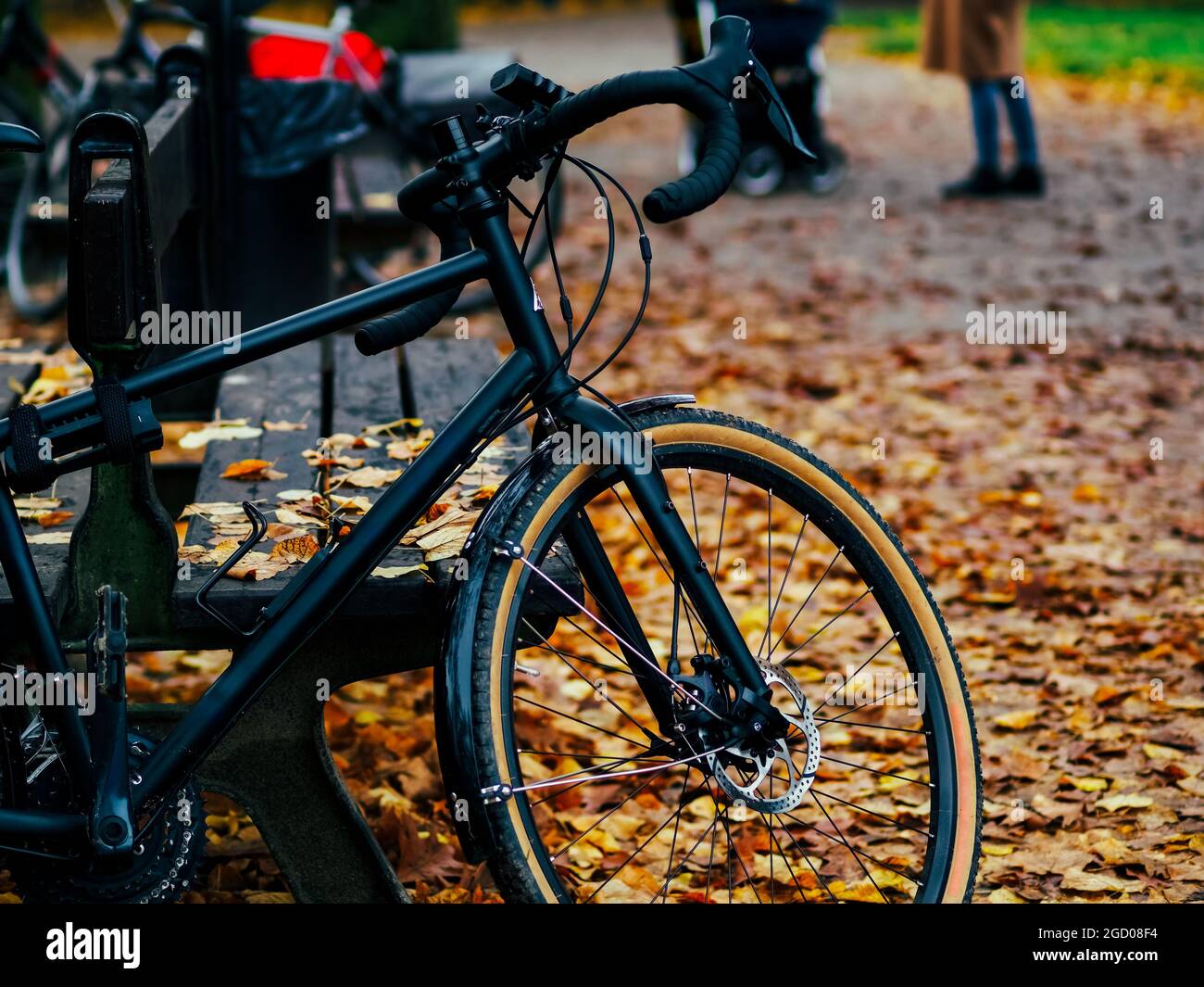vélo noir garé dans le parc d'automne coloré parmi les arbres, gros plan de composition horizontale Banque D'Images