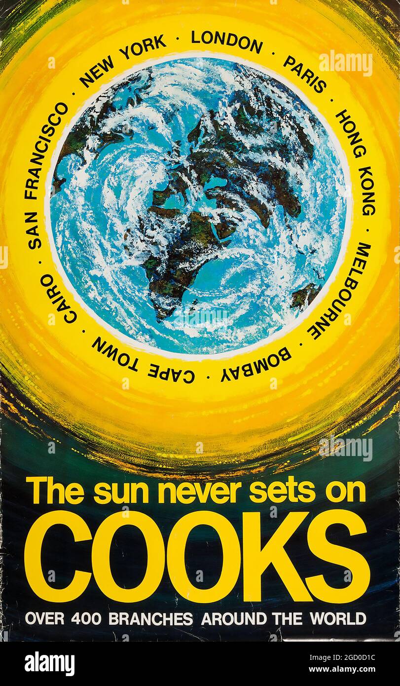 Affiches de voyage vintage – le soleil ne se met jamais sur Cooks. années 1960. Banque D'Images