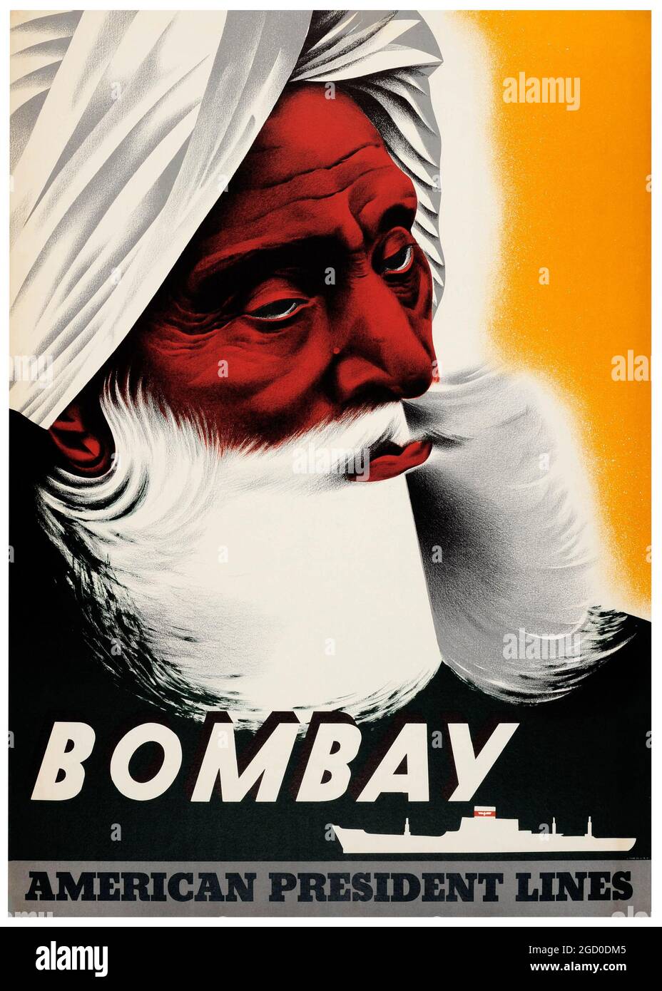 Affiche voyage bateau de croisière vintage Bombay Inde, American President Lines – USA 1950. Bombay (maintenant Mumbai) Inde. Artiste inconnu. Homme dans un turban. Banque D'Images