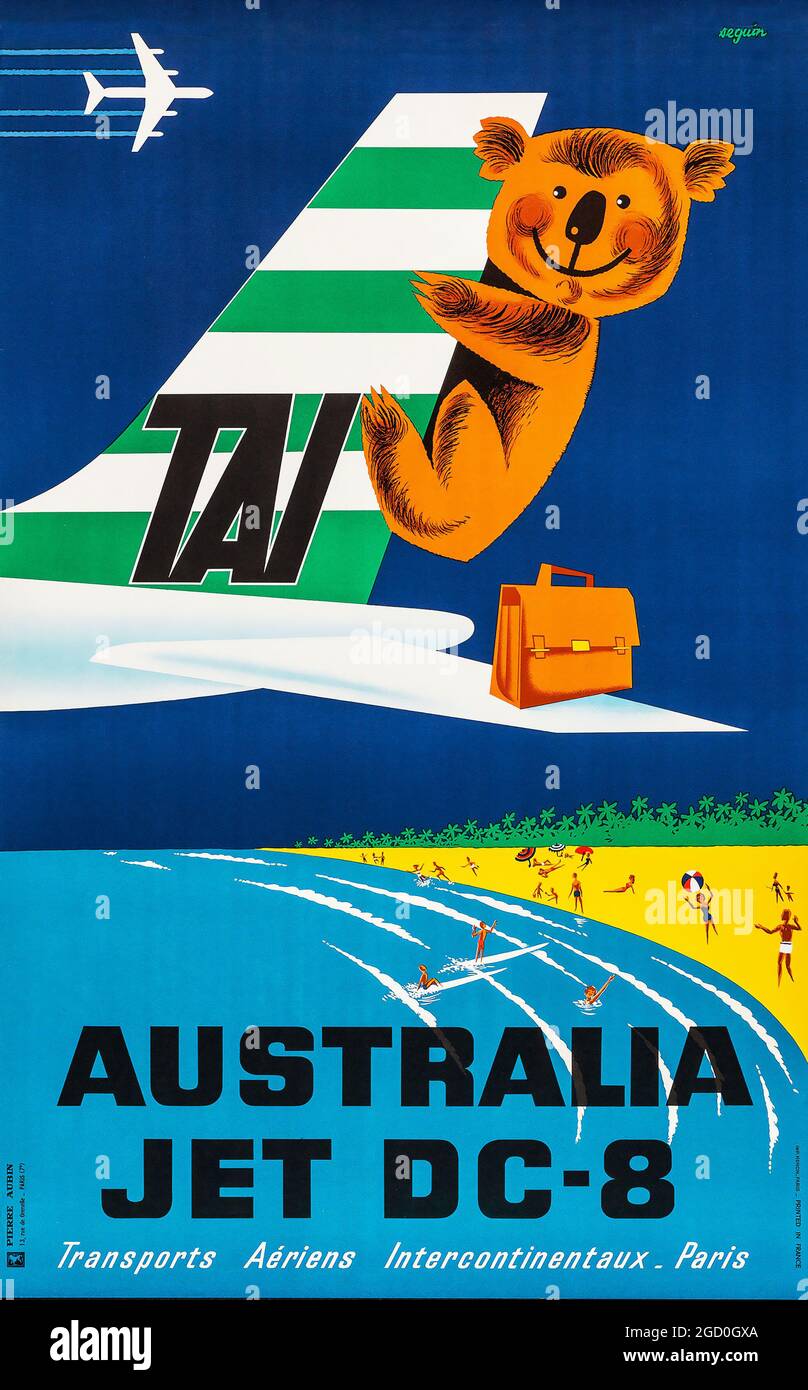 Transports Eyriens Intercontinental Australie (TAI, années 1960) UN koala se maintient sur une aile de l'Australia Jet DC-8. Banque D'Images