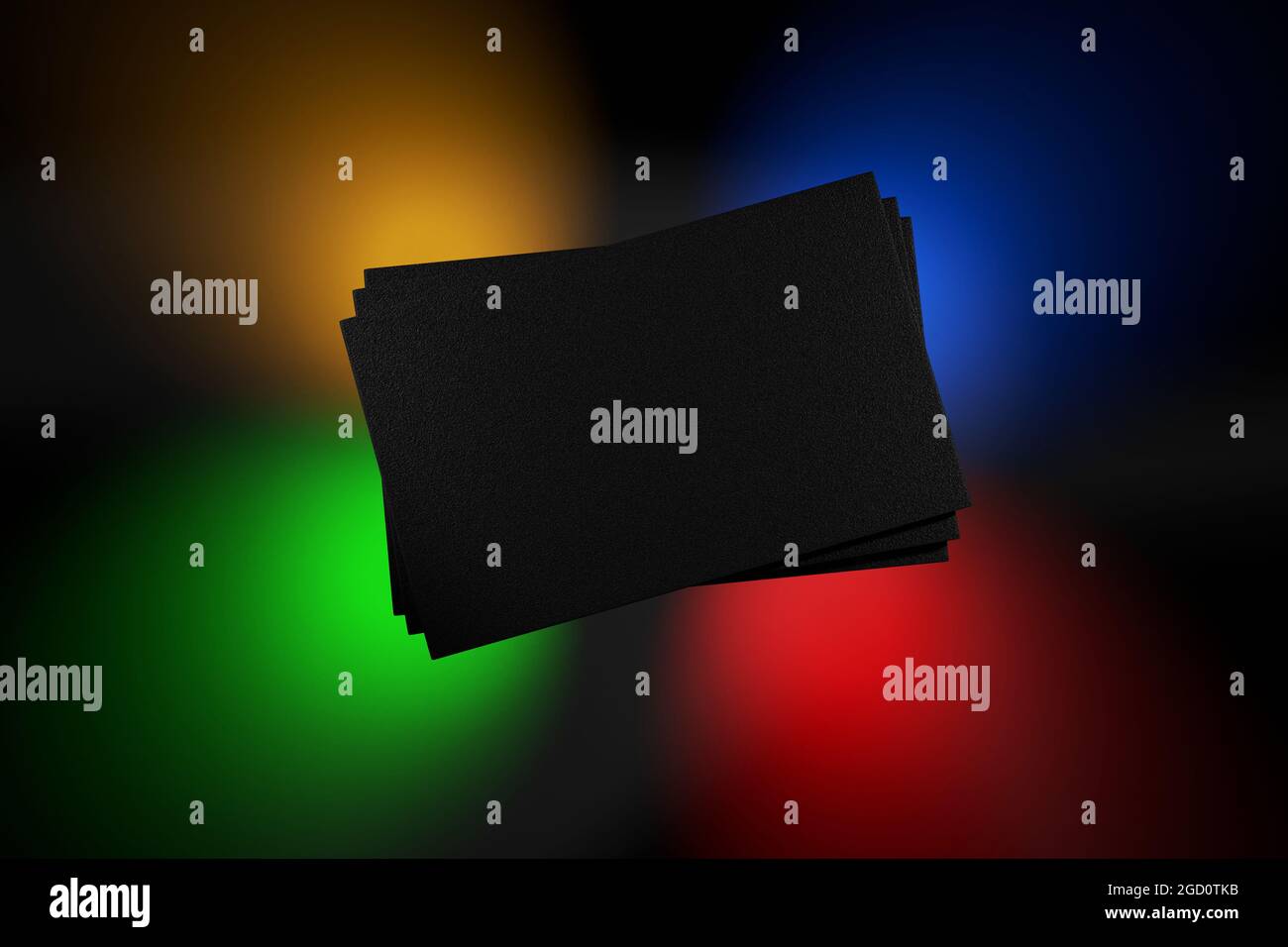 Lumières fluo colorées et brillantes sur fond sombre avec modèle de carte de visite noir .illustration 3d. Banque D'Images