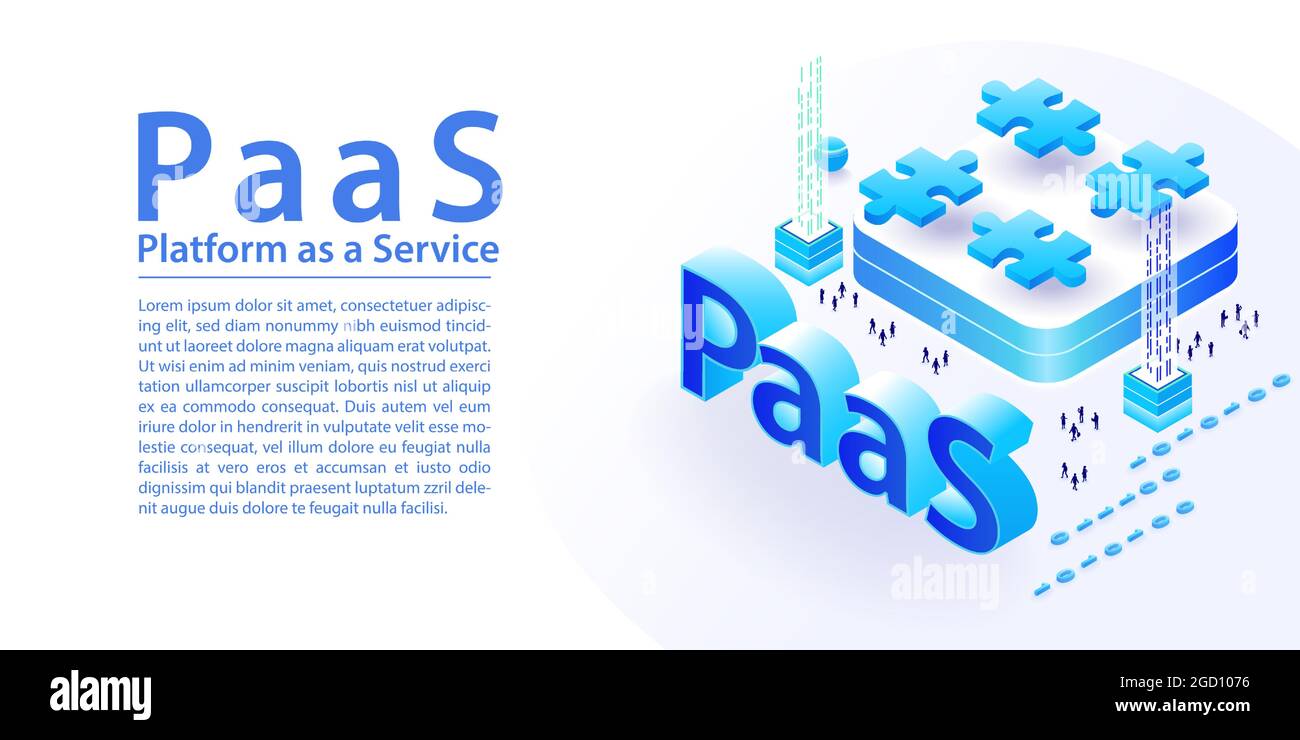 Infographie sur le concept PaaS Platform as a Service. Illustration vectorielle 3d isométrique de texte SaaS sous forme de bannière Web large dans une mise en page moderne. Illustration de Vecteur