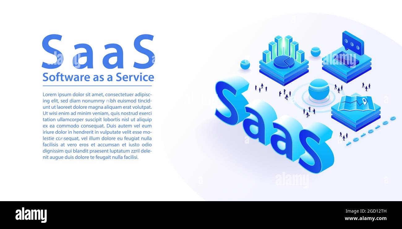 Infographie sur le concept SaaS Software as a Service. Illustration vectorielle 3d isométrique de texte SaaS sous forme de bannière Web large dans une mise en page moderne. Illustration de Vecteur