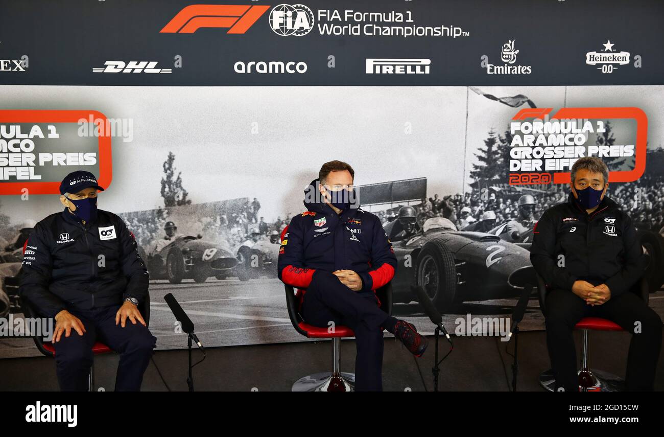 Conférence de presse de la FIA (de gauche à droite) : Franz Tost (AUT) AlphaTauri Directeur de l'équipe; Christian Horner (GBR) Directeur de l'équipe Red Bull Racing; Masashi Yamamoto (JPN) Directeur général Honda Racing F1. Grand Prix d'Eifel, vendredi 9 octobre 2020. Nurbugring, Allemagne. Image de pool FIA pour usage éditorial uniquement Banque D'Images