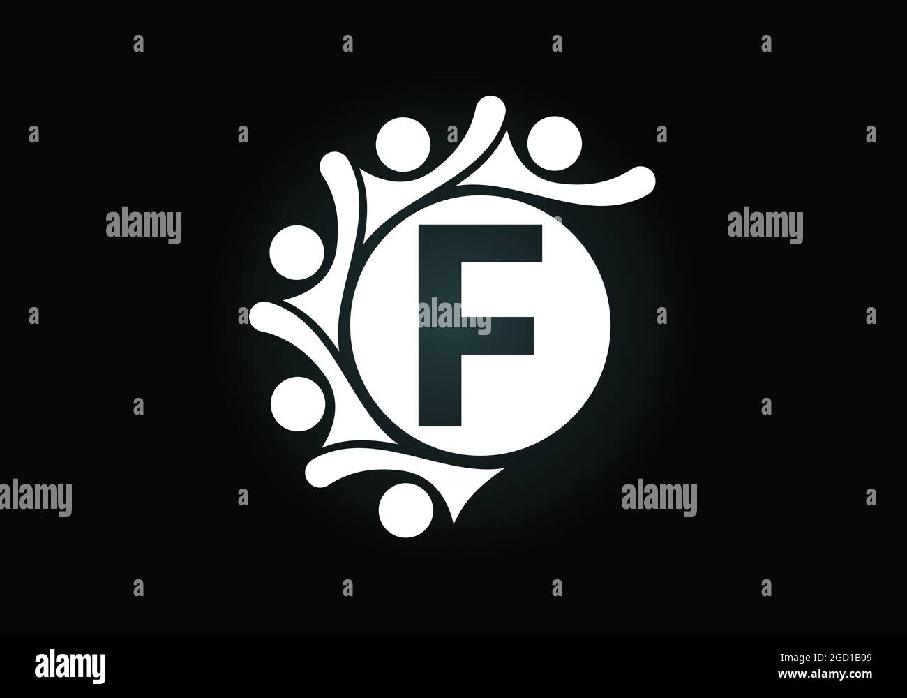 Lettre F monogramme initiale avec des personnes en contact. Équipe, symbole du logo de coopération. Emblème de police. Logo pour la collaboration d'entreprise Illustration de Vecteur