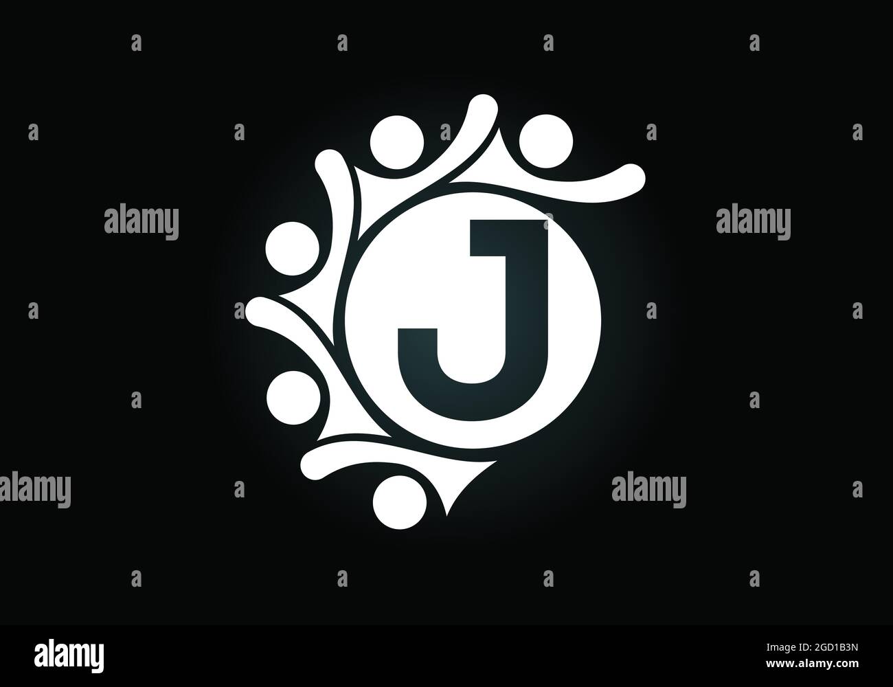 Lettre initiale du monogramme J avec des personnes en contact. Équipe, symbole du logo de coopération. Emblème de police. Logo pour la collaboration d'entreprise Illustration de Vecteur