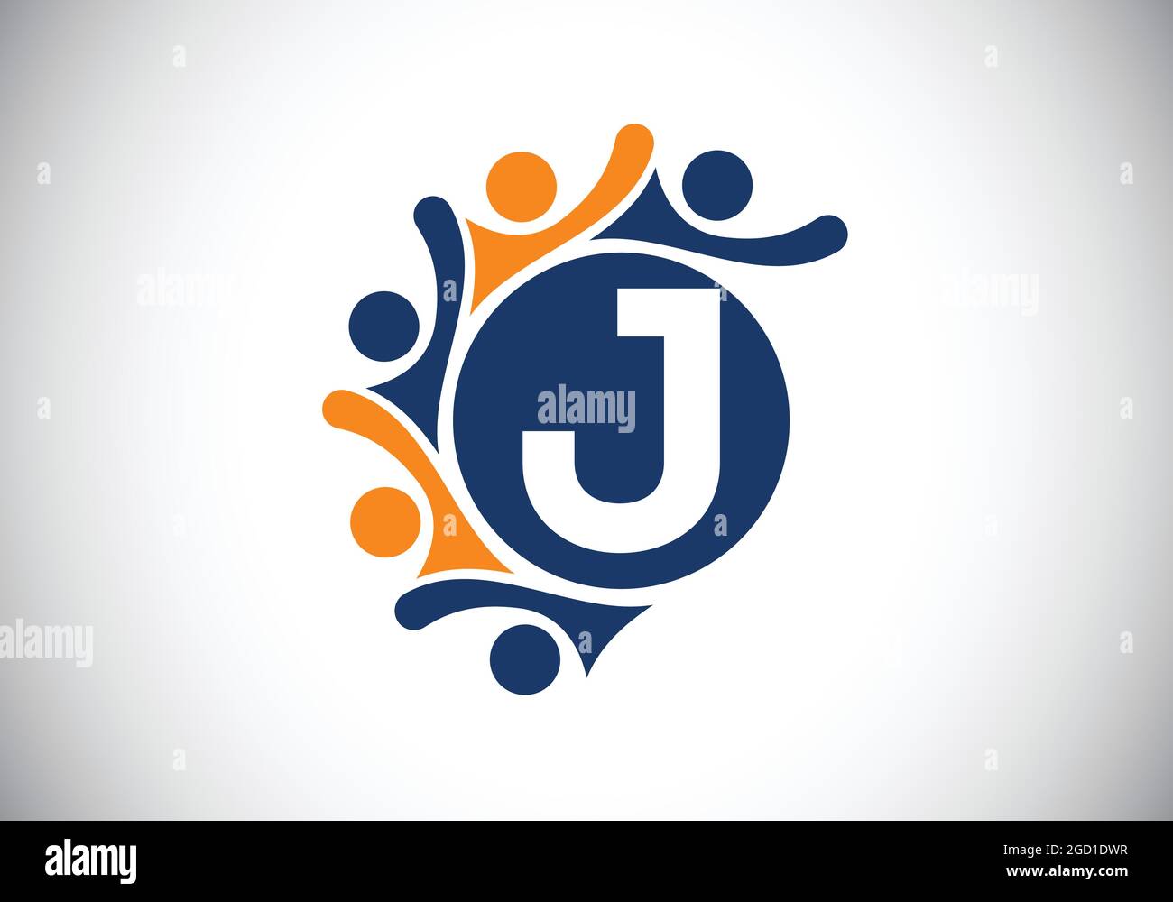 Lettre initiale du monogramme J avec des personnes en contact. Équipe, symbole du logo de coopération. Emblème de police. Logo pour la collaboration d'entreprise Illustration de Vecteur
