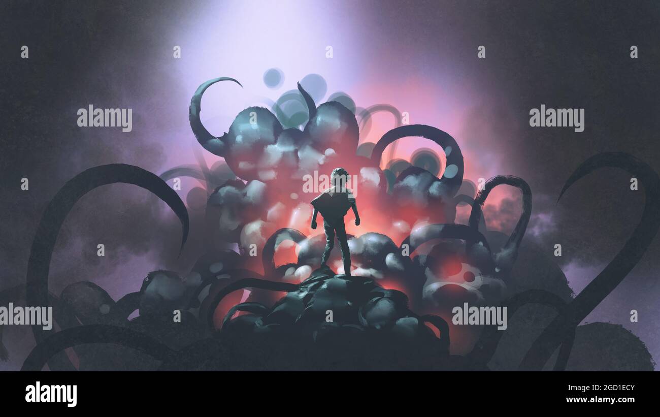 Scène de Dark FANTASY montrant un enfant debout sur un monstre géant avec une peau et des tentacules cloques, style d'art numérique, peinture d'illustration Banque D'Images