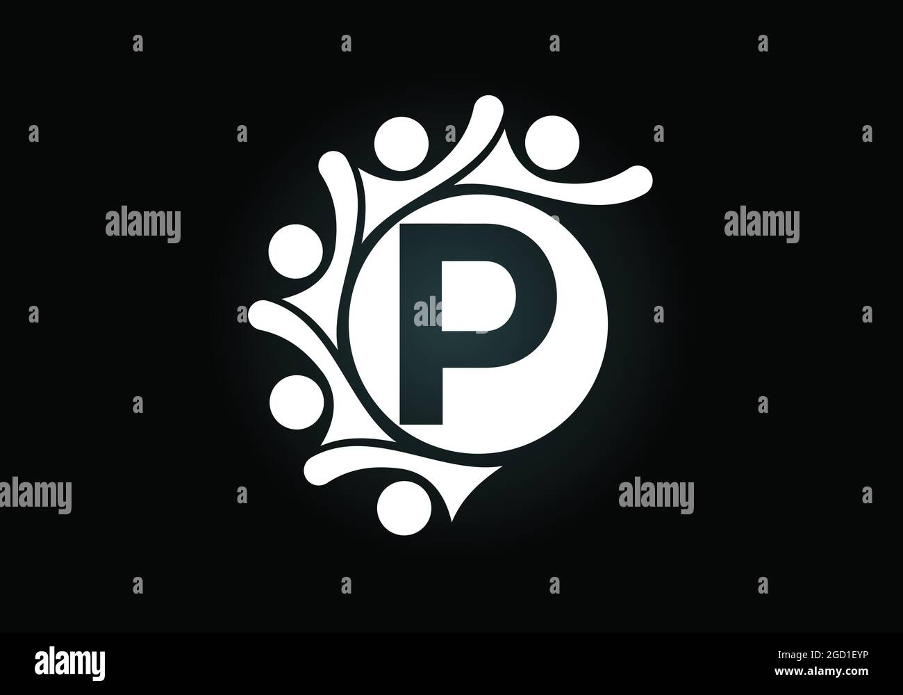 Lettre P monogramme initiale avec des personnes en contact. Équipe, symbole du logo de coopération. Emblème de police. Logo pour la collaboration d'entreprise Illustration de Vecteur