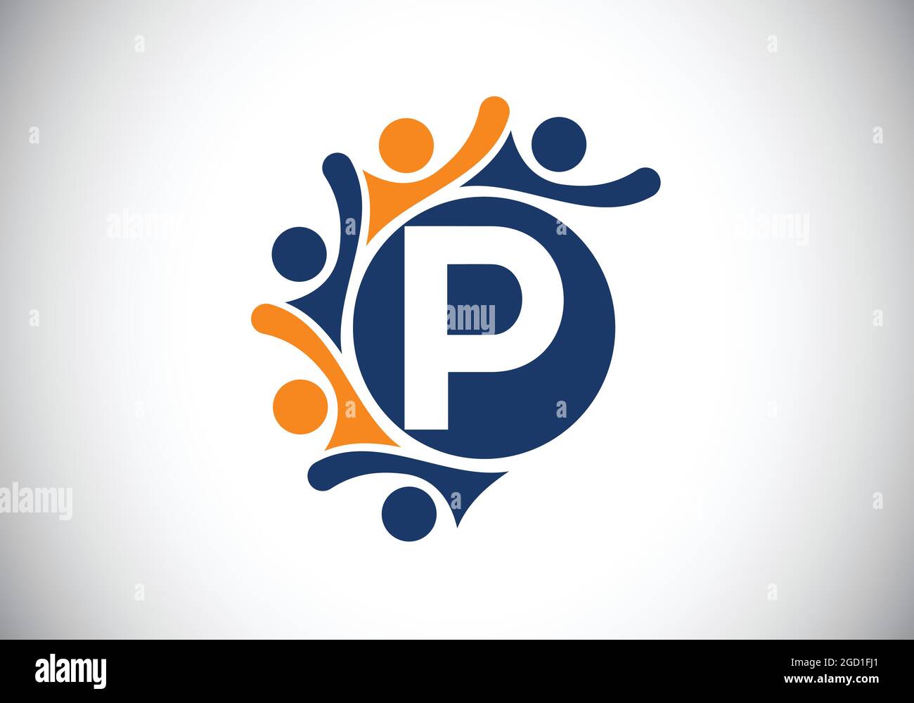 Lettre P monogramme initiale avec des personnes en contact. Équipe, symbole du logo de coopération. Emblème de police. Logo pour la collaboration d'entreprise Illustration de Vecteur