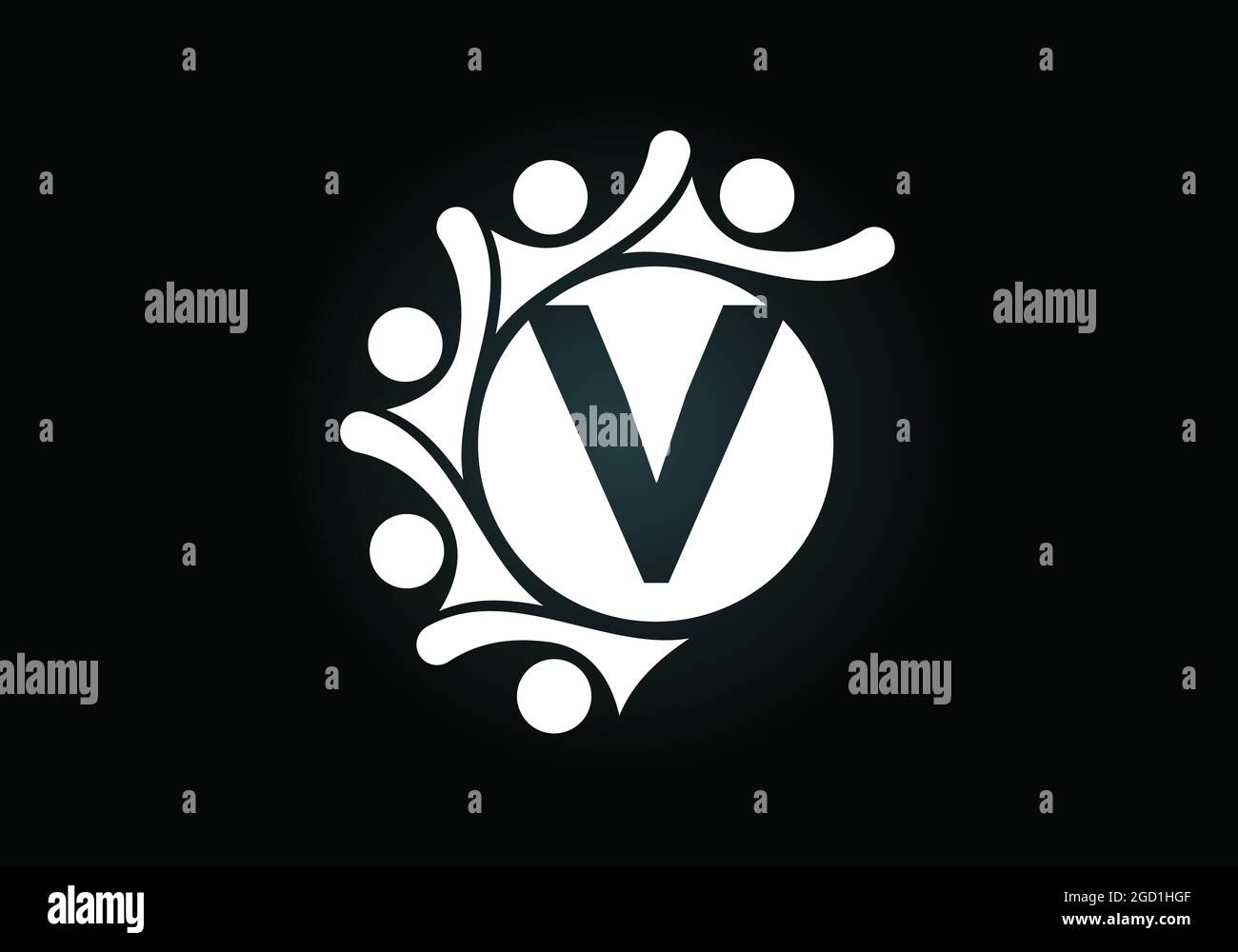 Lettre V initiale du monogramme avec des personnes en contact. Équipe, symbole du logo de coopération. Emblème de police. Logo pour la collaboration d'entreprise Illustration de Vecteur