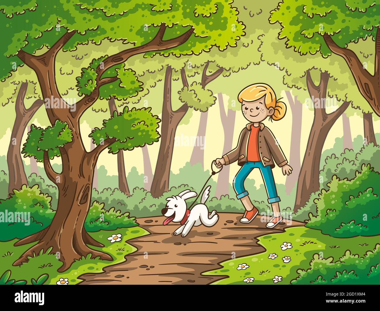 Girl Walking With Dog Illustration de Vecteur