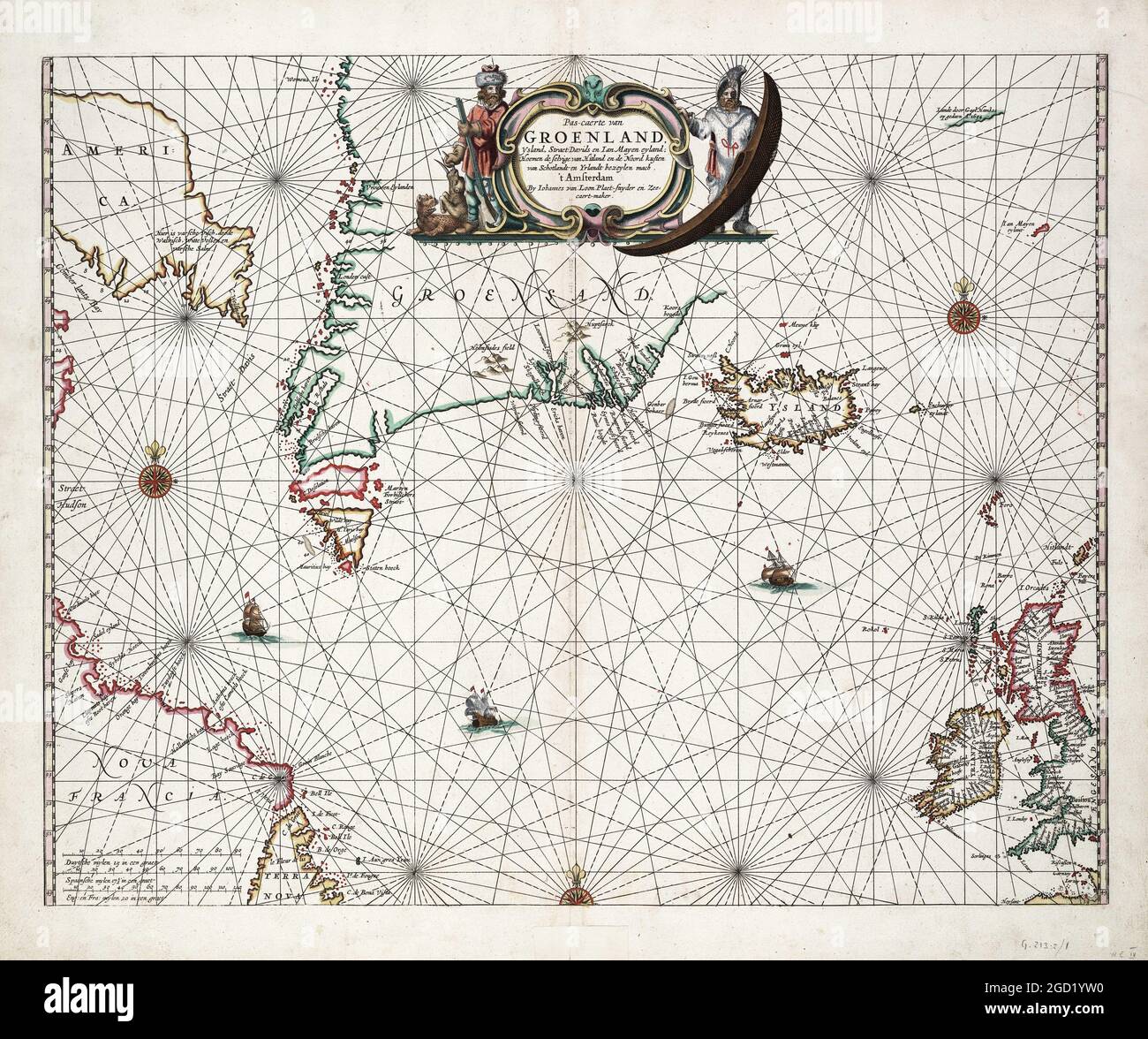 Carte antique incluant le Groenland, l'Islande, Jan Mayen, le détroit de Davis, Canada. De Van Loon's Klaer lichtende noort ster ofte zee atlas, 1661. Banque D'Images