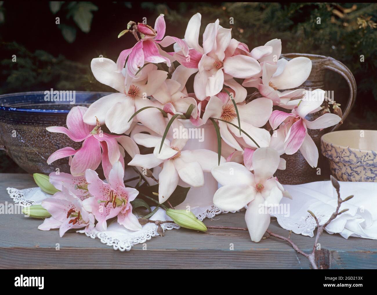 botanique, magnolia et lilium encore la vie sur une table dans un jardin, DROITS-SUPPLÉMENTAIRES-AUTORISATION-INFO-NON-DISPONIBLE Banque D'Images
