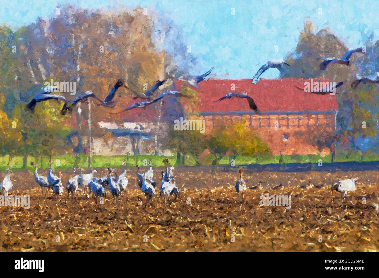 Peinture acrylique des oiseaux de grue sur la migration d'automne à Havelland. Banque D'Images